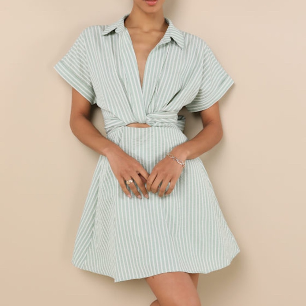 Lulus Breeze By Green Striped Tie-back Mini Dress With Pockets - Size M
